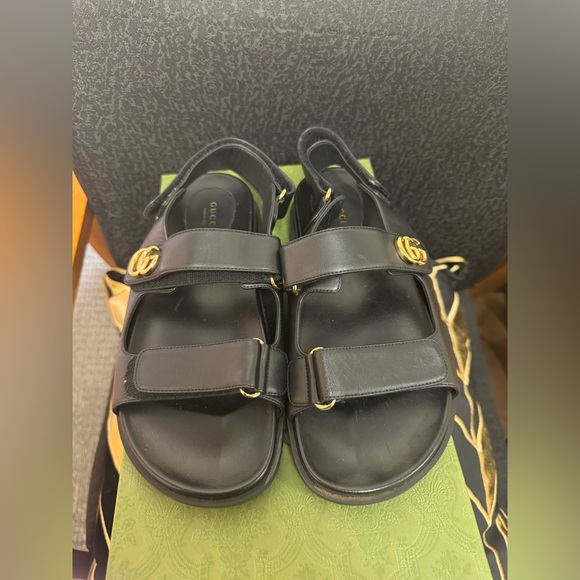 Authentic Gucci Women’s “Double G” Sandal Black Leather - Picture 1 of 8